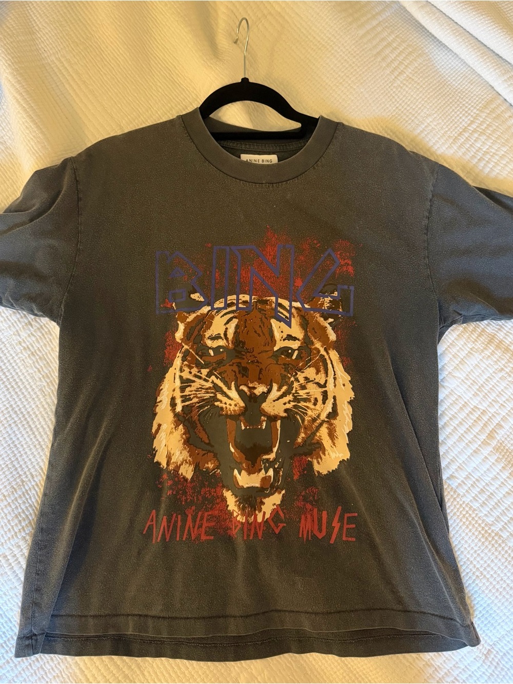 Anine Bing Black Tee with Tan Tiger and Red Accents